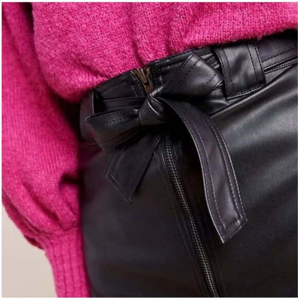 Anthropologie Faux Leather Midi Skirt Extra Small Black A-Line Belted Bailey 44 - Picture 5 of 7